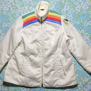 RARE! Vintage 70s Rainbow Striped Ski Coat Jacket Siberian Husky Patch Hong Kong